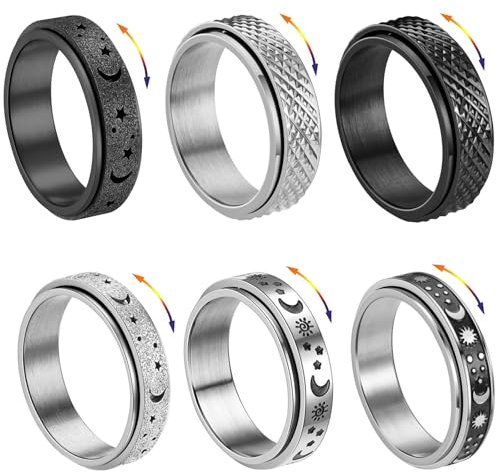 JENCVNL 6 Stück Edelstahl Spinner Ringe für Damen Herren Edelstahl Vintage Ringe Silber/Schwarz Spinner Ring Set Moon Star Spinner Ring Damen Edelstahl Partnerringe Verlobungs Zappel Band Ringe (65)