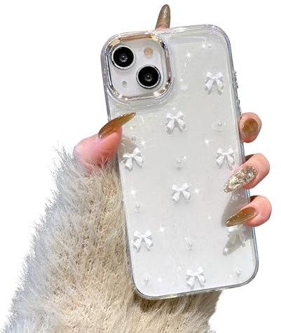 EYZUTAK Case for iPhone 15 Plus, Bling Glitter 3D Bowknot Phone Case Cute Sparkly Crystal Clear Bow Aesthetic Design Case Slim Soft Durable TPU Transparent Protective Cover for Women Girl - White Bow