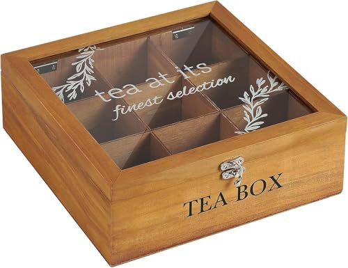 Optyuwah Teebox, Teekasten - Tee Aufbewahrungsbox aus Holz mit 9 Trennfächern Teebeutelbox Teekiste für Teebeutel Zucker Kaffeekapsel,Vorratsdose mit Glas Sichtfenster Deckel Teebeutelhalter