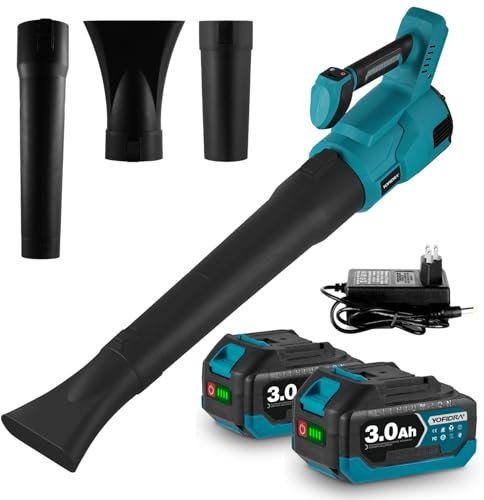 Yofidra Leaf Blower, 21V Cordless Leaf Blower with 2x6000mAh Batteries & Charger 30000RPM Electric Garden Blower, 80m/s 3-Speed, 3 Nozzles, Portable Blowers for Garden, Patio, Lawn Care & Snow Removal