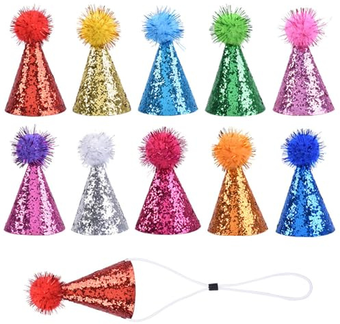 Niedliche Partyhüte für Hunde & Katzen,10 PCS Bunte Geburtstagsmützen mit Pompons & Verstellbarem Kopfband Perfekte Mini-Partyhüte für Welpen Kuscheltiere & Kindergeburtstage Party Hat