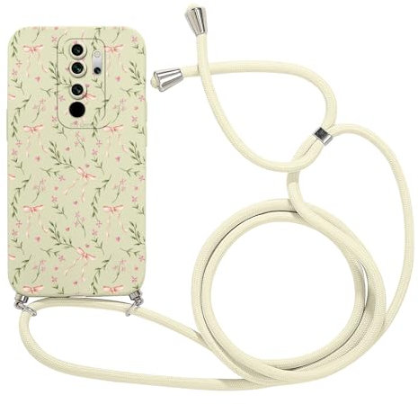 Phoona Handykette Handyhülle für Xiaomi Redmi Note 8 Pro 6,53 Hülle mit Band, Aesthetic Blumen Muster Schutzhülle mit Kordel, Silikon Stoßfest Bumper Case Mädchen Frauen Cover für nan, Herz Schleifen