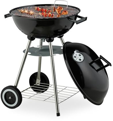 Relaxdays Kugelgrill, Ø 44 cm, Grillrost, Grillkugel mit Ascheschale, Holzkohlegrill mit Rädern, BBQ Griller, schwarz
