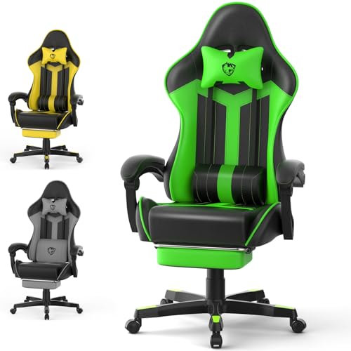 Ferghana Silla Gaming Ergonómica con Masajeador,Silla Gamer,Soporte Lumbar, Reposacabezas, Reposapiés, Incluye Mousepad + Descanso Teclado, Cuero PVC (Verde Oscuro)