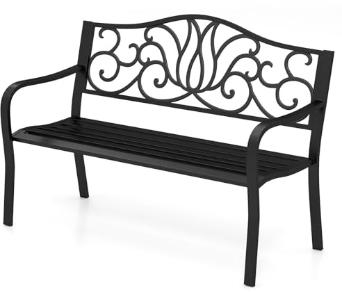 KOMFOTTEU Gartenbank aus Metall, 2-3-Sitzer Sitzbank mit dekorierter Rückenlehne, ergonomische Balkonbank Metallbank für Terrasse, Park, Hof, Patio, 127 x 61,5 x 89 cm, Schwarz