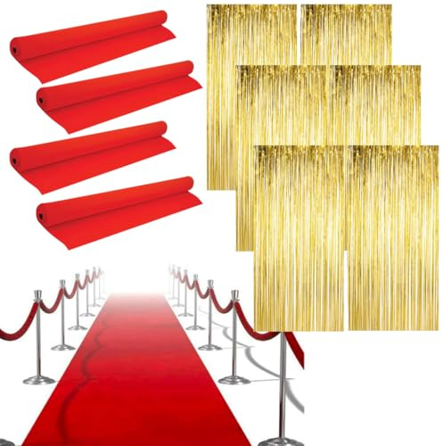 LOVETRENDS Hollywood-Party-Dekorationsset – 4 x rote Teppichläufer, 6 x goldene Folienvorhänge – Roter Teppich, Events, Oscar-Partys, Filmpremiere, Feiern, Party-Dekor