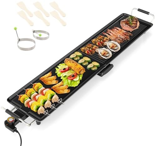 GOPLUS elektrischer Grillplatte, 100 x 22 cm, 1800W Teppanyaki Grillplatte mit 4-stufig Temperatur, Tischgrill mit Thermostat & Antihaftbeschichtung, Grillfläche für 10-12 Personen, BBQ & Party