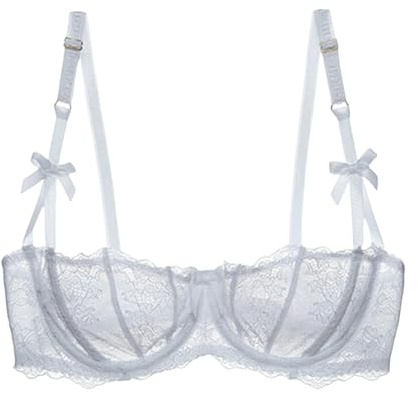 Women's Plus Size Lace Balconette Bralette Bra Push Up Underwire See Through Half Cup Bras(White,34D)