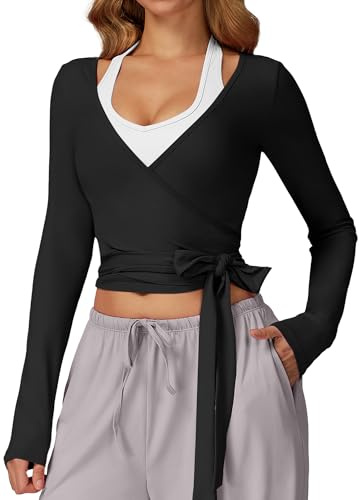 FEOYA Damen Yoga Wickelshirt V Ausschnitt Ballett Wrap Top Slim Fit Pilates Tops Sport Langarmshirt Tanz Bolero Wickeltop Schwarz L