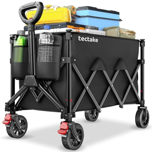 tectake® Carrito Plegable, 120 L, Cap. Carga 80 kg, 45x88x95 cm, Mango Telescópico con Mecanismo Retracción, Carrito Transporte Ligero, Ruedas con Banda Rodadura Extraíbles, 2 Frenos – Negro