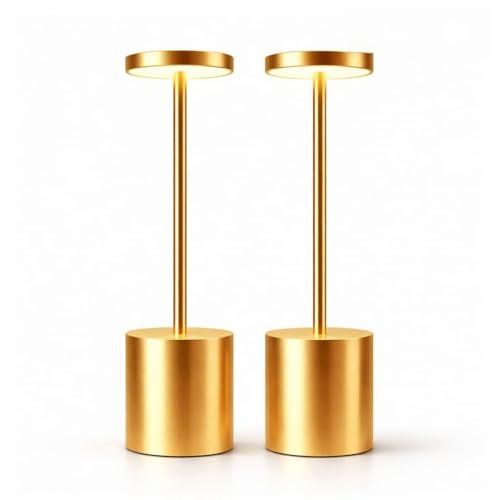 Kasbbu Pack de 2 Lámparas de Mesa LED Inalámbricas Recargables Doradas – Control Táctil, 3 Modos de Luz, Brillo Regulable, Diseño Moderno para Dormitorio, Salón, Restaurante o Bar