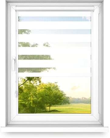 time4blinds - Doppelrollo ohne Bohren - Zebra Rollos für Fenster und Türen - zum Kleben, mit Aluminiumkassette, Lichtdurchlässiger Stoff, Kleberollos - Klassisch Weiß, 1000x1800, Links