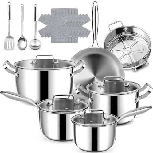 Edelstahl Topfset -3 lagig 30 cm Bratpfannen & 22/26 cm Deckeltöpfe mit Dampfgarer, Stielkasserollen(18/20 cm) - 20-teilig Töpfe und Pfannen mit Deckeln - Für alle Herdarten nutzbar