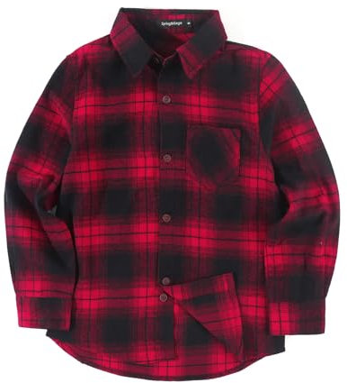 Spring&Gege Chemise à Carreaux en Flanelle Boutonnée à Manches Longues pour Garçon Rouge Noir 13-14ans