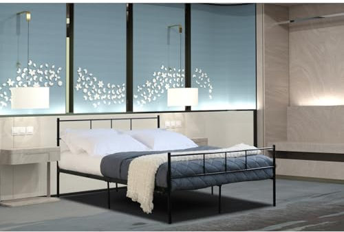 Home Treats 4ft 6 Solid Metal Black Finish Double Bed Frame Bedroom Furniture With Headboard and Foodboard, Adult, Kids and Children with Base Storage Space Easy Assembly 190x135cm