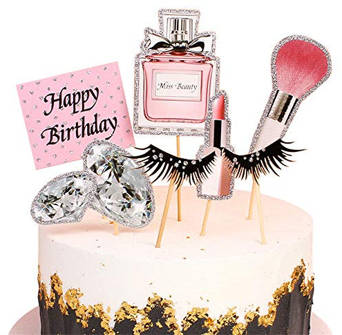 Blumomon 28Pcs Glitter Makeup Cupcake Toppers Cosmetics Cupcake Picks Eyelash Diomand Perfume Lipstick Cupcake Picks Happy Birthday Cake Decoration for Girls 18th Birthday Bachelorette Party Supplies