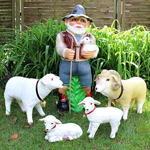 RAKSO Deko Garten Figur Dekofigur Gartenfigur Hirte mit Schafbock, Schaf und Lämmlein aus Kunststoff