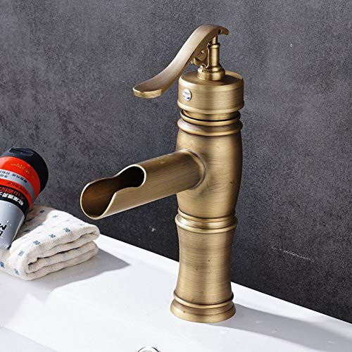 YHSGY Waschtischarmaturen Antike Messing Badezimmer Waschbecken Waschbecken Wasserhahn Einhand Wasserfall Auslauf Mixer Tap