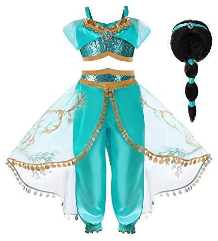 Hamanasu Prinzessin Jasmin Kostüm für Mädchen, Prinzessinnenverkleidung, ausgefallene Geburtstagsparty, Rollenspiel-Outfits (Haarperücke, 5–6 Jahre/130)