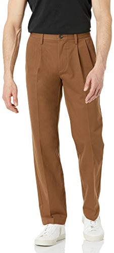 Amazon Essentials Men's Classic-Fit Wrinkle-Resistant Pleated Chino Trouser (Available in Big & Tall), Dark Khaki Brown, 35W / 29L