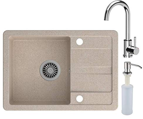 VBChome Spülbecken mit Armatur Beige 62 x 44 cm Granit Einzelbecken Einbauspüle Abtroffläche gesprenkelt reversibel Verbundspüle Wasserhahn Hochglanz Küchenarmatur + Siphon + Spülmittelspender