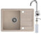 VBChome Spülbecken mit Armatur Beige 62 x 44 cm Granit Einzelbecken Einbauspüle Abtroffläche gesprenkelt reversibel Verbundspüle Wasserhahn Hochglanz Küchenarmatur + Siphon + Spülmittelspender
