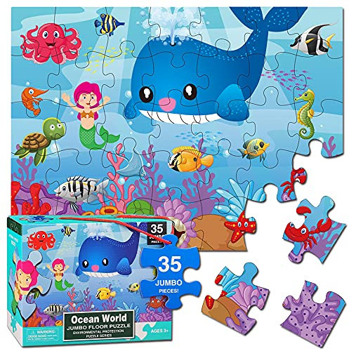 Ocean World Bodenpuzzle für Kinder im Alter von 3–5 Jahren, 35 Teile Meerjungfrau Jumbo-Puzzle für Kleinkinder im Alter von 4–8 Jahren, Vorschul-Lernspielzeug für Kinder, Geschenkbox, Mädchen, Jungen