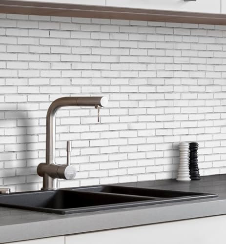 MyMaxxi Küchenrückwand Folie selbstklebend matt Versteift - einfache Montage ohne Bohren - Motiv Klinker weiß 60cm hoch - Spritzschutz Küche Klebefolie - Wand Mauer 340 x 60cm