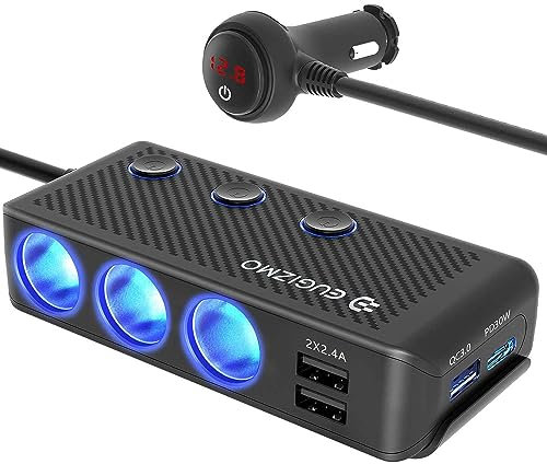 Car Cigarette Lighter Splitter Adapter, EUGIZMO 200W 12V/24V Power Outlet 3 Socket Car Cigarette Lighter Plug Splitter USB Charger Extension Cord Extender with LED Voltage Display Independent Switch