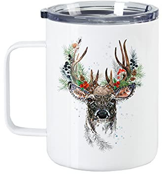 GRAZDesign Thermobecher mit Deckel, mit Henkel, Thermotasse Kaffee To Go, Hirsch, Becher für Camper, Wanderbecher, Metallbecher BPA Frei, Edelstahl 350ml