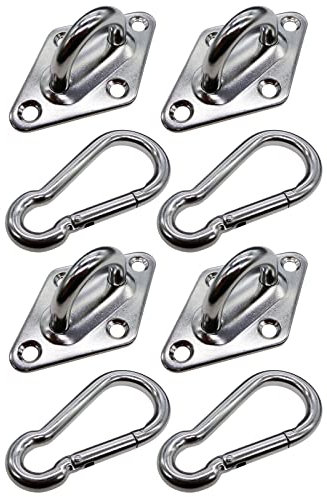 4Pcs Stainless Steel Pad Eye Plate with 4Pcs Carabiner Clips M6 Suspension Ceiling Hooks Awning Attachment Sets for Outdoor, Black