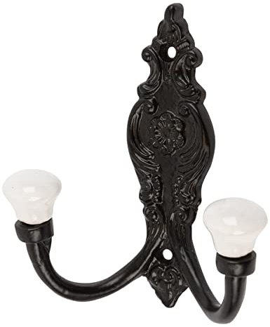 Hammer and Tongs - Ornate Double White Ceramic Coat Hook - W100mm x H115mm - Black