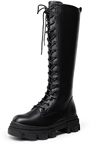 Dream Pairs Donna Stivali Alti al Ginocchio Moda Stivali Alti da Donna con Lacci e Suola Spessa,Size 36.5,Nero/Pu,SDKB221W