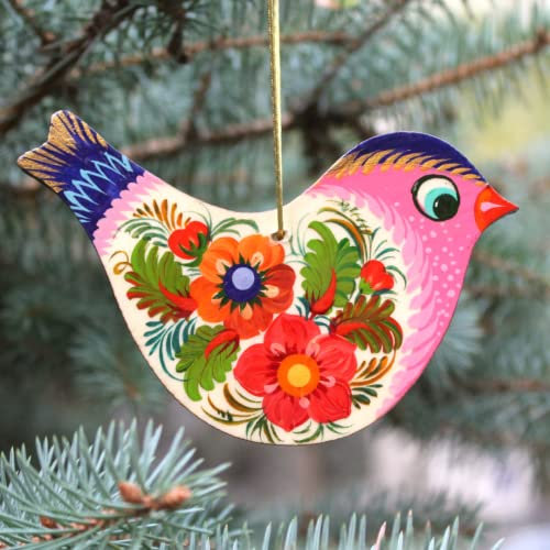 Christbaumschmuck Gimpel Vogel aus Holz 10.5 х 9.5 cm Beidseitig Handbemalt in der Ukraine nach Petrykiwka Tradition, Ukrainischer Weihnachtsschmuck für den Baum
