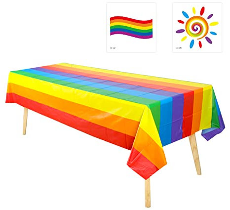 TIANNAIT Regenbogen-Tischdecke, rechteckig, verdickt, für Gay-LGBT-Pride-Event-Party-Tischdecke für Pride-Party mit 2 temporären Regenbogen-Tattoos, mehrfarbig, 137 x 274 cm