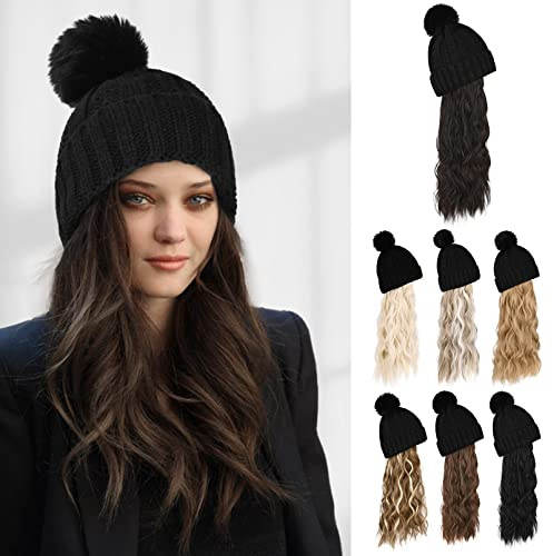 Flufymooz Beanie Perücke, Beanie Wig Hut Haarverlängerung, lang, gewellt, lockig, schwarze Mütze mit Kunstpelz-Bommel, Perückenhut, befestigtes für Frauen im Winter (51cm,Schwarz Braun)