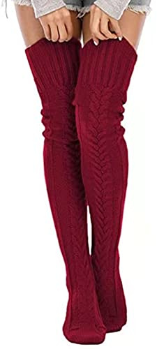 Duories Calzini donna extra lunghi sopra il ginocchio,calcalzini invernali a maglia grossa,calze al ginocchio,calze sopra il ginocchio,calze invernali a maglia,calze alte al ginocchio,rosso vino