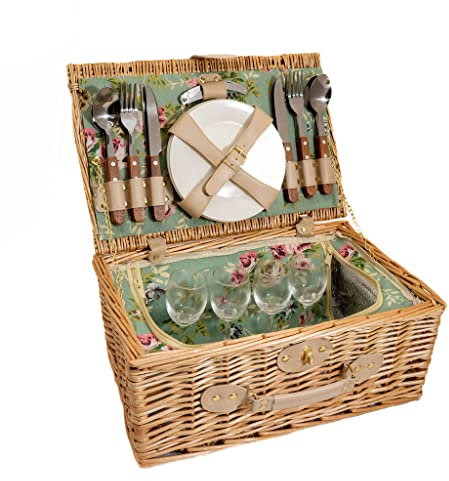 Arthur Cameron - Fully Equipped Family Picnic Basket for 4 People, with Built-in Cool Box and Wine Glasses, Plates & Cutlery - Natural Wicker 4 Person Picnic Basket