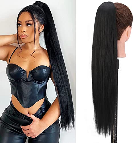 Ponytail Extension mit Kordelzug Schwarz Lang Glatt Pferdeschwanz Haarteil Kunsthaar wie Echthaar Haarverlängerung zopf 60cm/24zoll AL064A