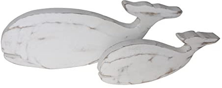 RiloStore 2 STK WAL aus Mangoholz 30cm und 20cm Weiss Shabby Chic 2er Set Dekowal Wale Holzwal Holzfische Fische Deko Aufsteller Baddeko Maritime Deko