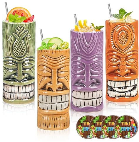 Tiki-Tassen-Set, Keramik-Tiki-Hawaii-Partybecher, kreatives Tiki-Gläser-Set, Tiki-Bar-Tassen für Cocktailgläser, hochwertige tropische Tassen, Getränke für exotische Partys (4 Stück)