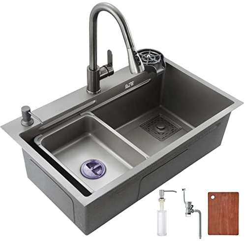 Évier INOX Professionnel 304, Évier De Cuisine Nano Cuisine À Encastrer avec Rince Verre, Robinet Rétractable,Accessoires D'installation Et Tuyau De Vidange pour Exterieur Intérieur,75×46×22cm