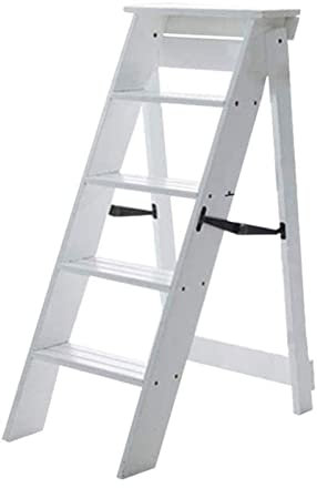 XHALERY Weiß Klappleiter Stuhlregal für Bibliothek Küche Büro Holz Tritthocker Multifunktions beweglich 5 Stufen Leiter Sicherheit rutschfest, max. 150kg