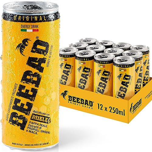 BEEBAD® Energy Drink Naturale con Caffeina, Maca e Ginseng - Pre Workout Ricco di Vitamina B, Pappa Reale, Propoli, Dolcificato con Miele, Senza Glutine - Made in Italy (12 Lattine)