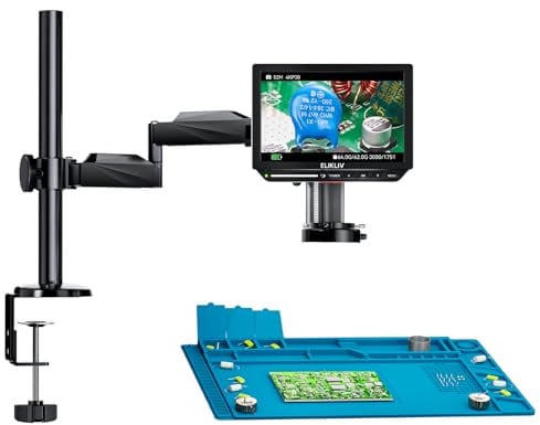 Elikliv EM4k Flex 4K Microscope Numérique de Soudage, Microscope HDMI de 10,1 Pouces avec Support de Bras Flexible, Loupe de Pièce de Monnaie de 52MP, Lampe Annulaire, Pad de Soudage en Silicone
