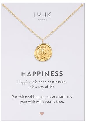LUUK LIFESTYLE Feminine Halsketten aus Edelstahl mit schlichten Anhängern in zeitlosem Design, Glücksbringer, alltagstauglich und langlebig, HAPPINESS Spruchkarte, Geschenk, Silber, Gold, Roségold