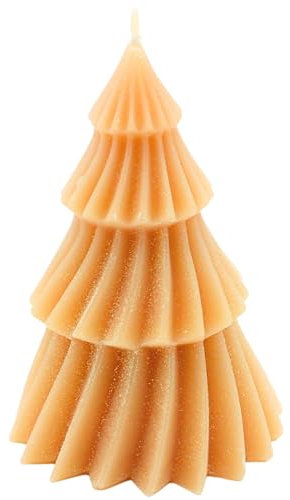Dekohelden24 Hochwertige Kerze als Tannenbaum in Nude mit Glitter, handgemacht, Größe: H/Ø ca. 12 x 7 cm