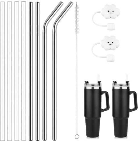 Reusable Straw Replacement Straws for Cups 40oz, 8 Pack Plastic/Metal Cup Straw with Straw Cleaning Brush and Straw Cover, Compatible with Stanley Cup Accessories Hydro Flask Water Bottle