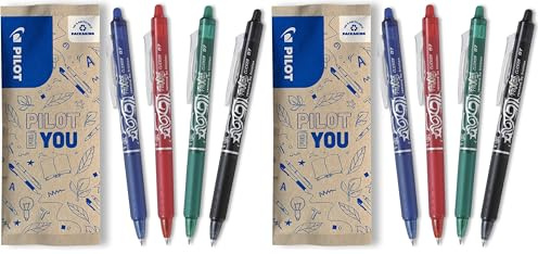 Pilot - Set of 4 Frixion Ball Clicker Erasable Retractable Pen with Thermosensitive Ink - Refillable and Ergonomic Rollerball Pen - Black, Blue, Red, Green - Medium Point (Pack of 2)
