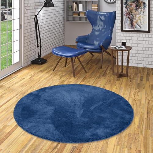 Pergamon Luxus Super Soft Hochflor Langflor Teppich Rund Flauschig Weich Wohnzimmer Schlafzimmer Silky Dunkelblau